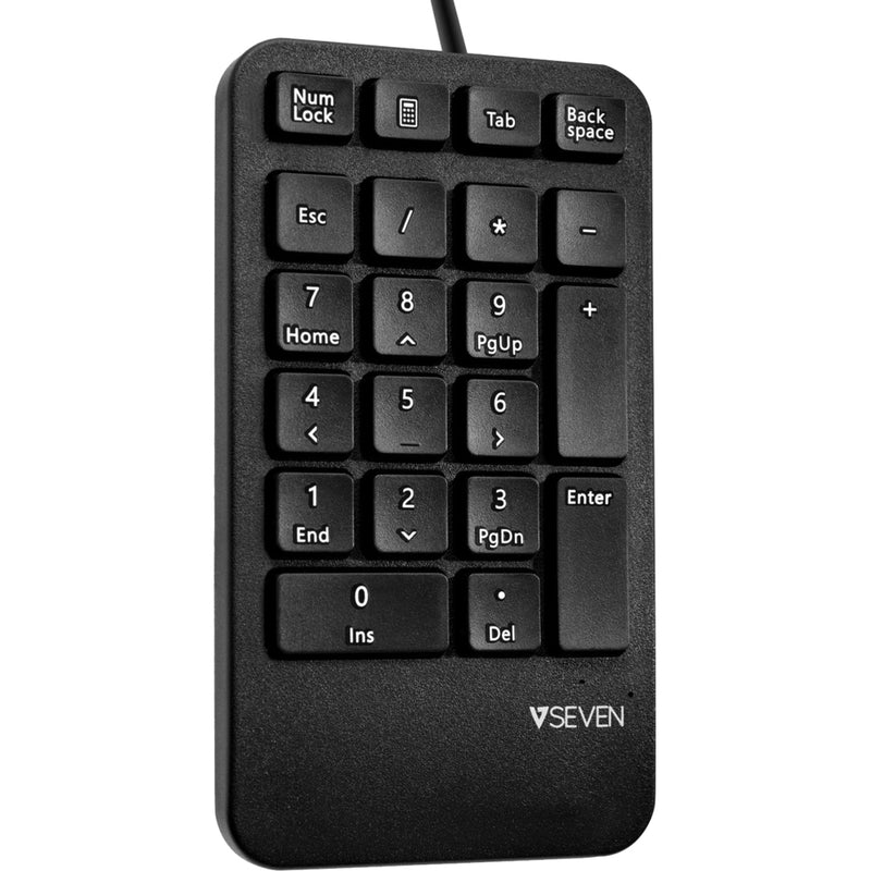 Front view of V7 KP400-1N USB keypad showing 21 black keys with white lettering including numeric pad and function keys