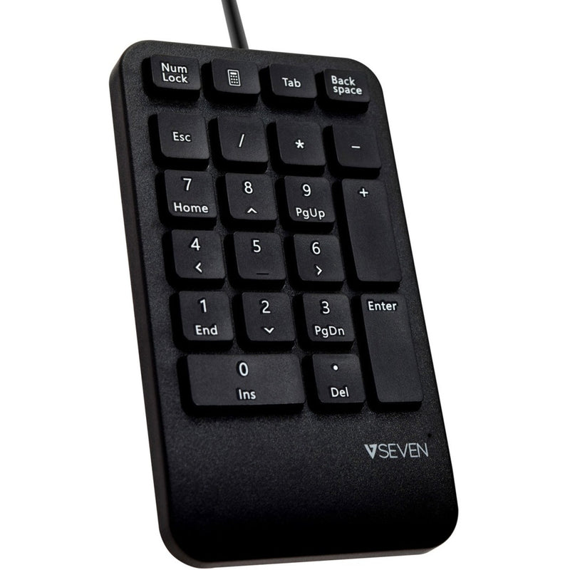 Angled view of V7 KP400-1N USB keypad showing ergonomic design and key visibility