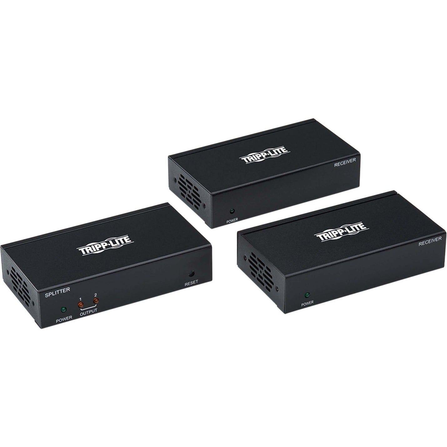 Tripp Lite B127-002-D2H video extender system showing transmitter splitter and two receiver units in black metal housing-alternate-image1