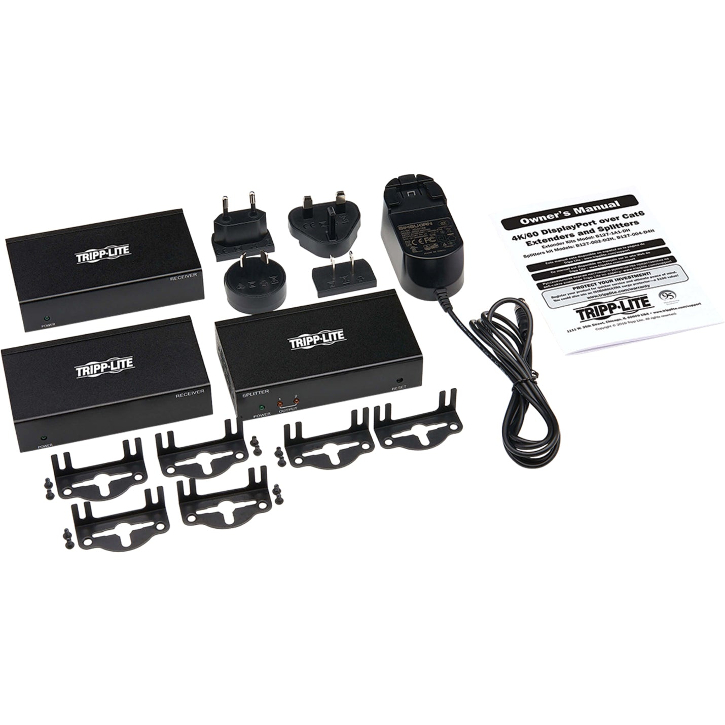 Complete package contents of Tripp Lite B127-002-D2H including units, mounting hardware, power adapters, and manual-alternate-image4