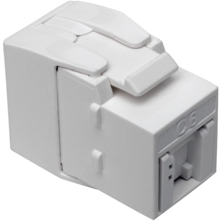 Side view of white Tripp Lite N238-001-GY-TF keystone jack showing PoE+ compatible design-alternate-image1