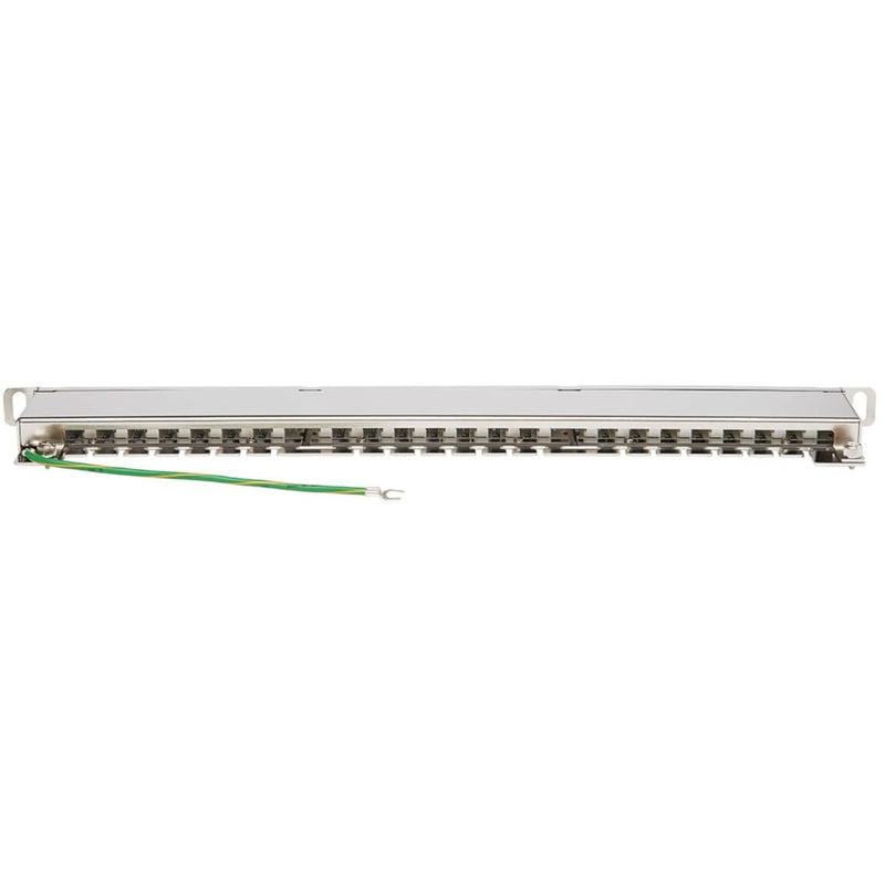 Rear view of Cat6 patch panel showing shielded construction and grounding wire connection