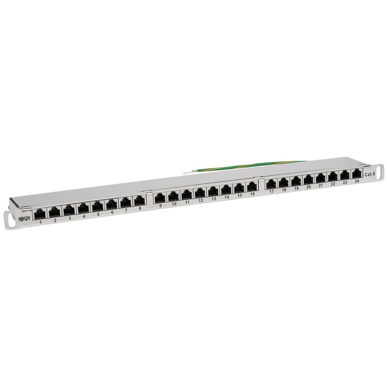 Front view of Tripp Lite 24-port shielded Cat6 patch panel showing numbered RJ45 ports in 0.5U rack mount design-alternate-image1