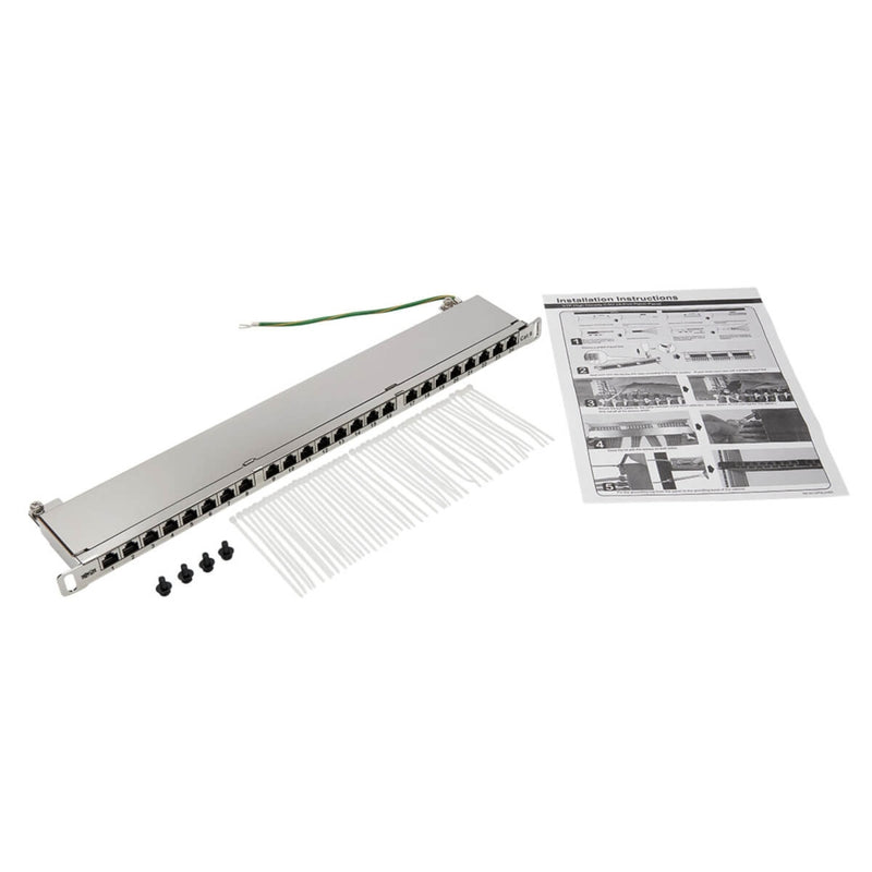 Complete package contents including patch panel, mounting hardware, cable ties, and installation guide