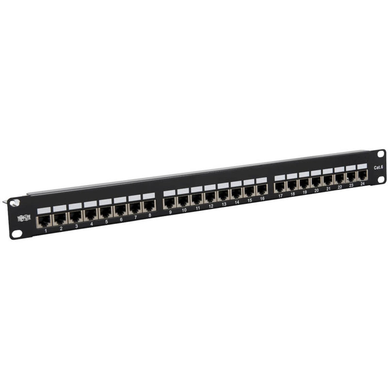 Front view of Tripp Lite 24-port Cat6 shielded patch panel showing numbered RJ45 ports in 1U rack mount design