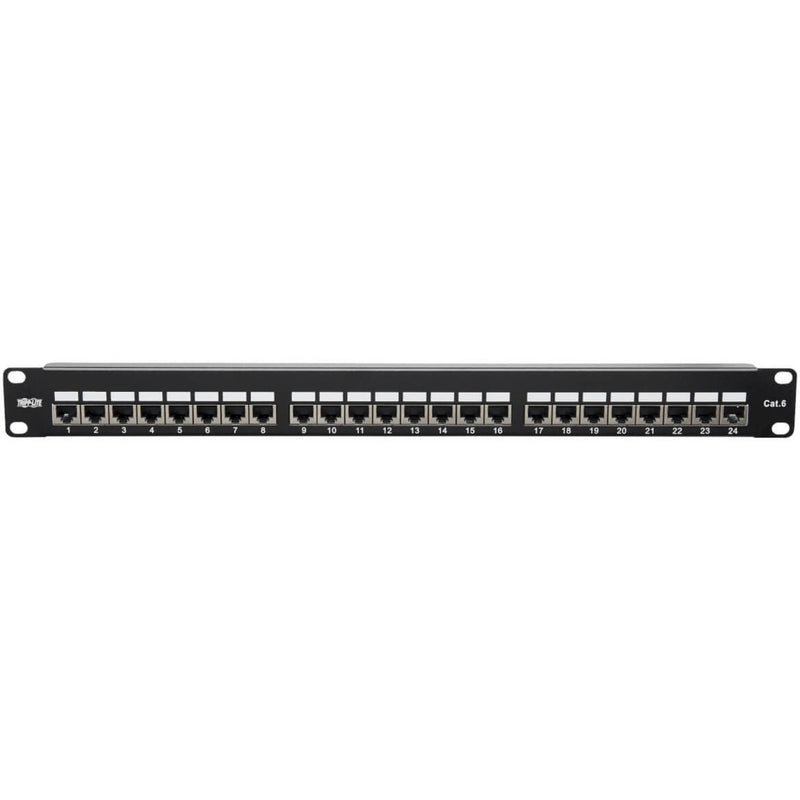 Close-up view of numbered RJ45 ports on Cat6 patch panel with clear labeling