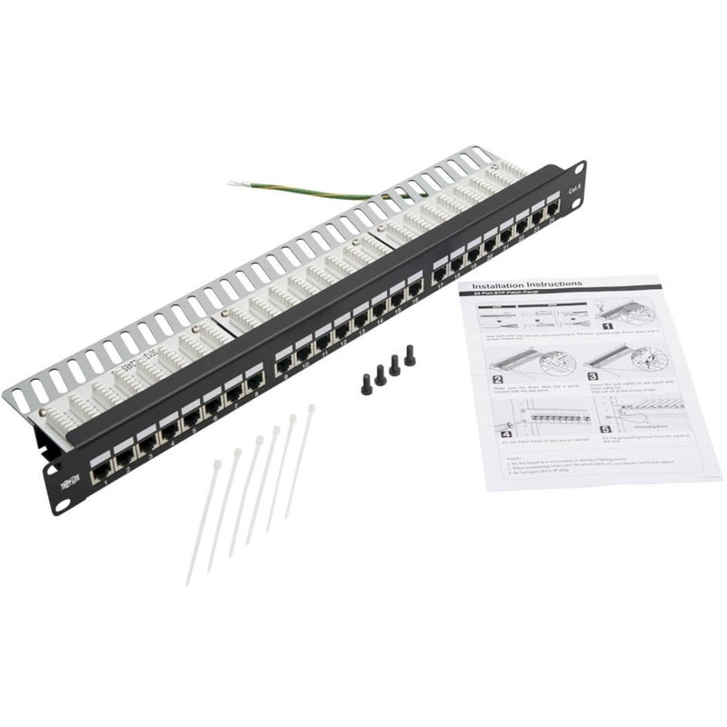 Complete package contents including patch panel, mounting hardware, cable ties, and installation guide