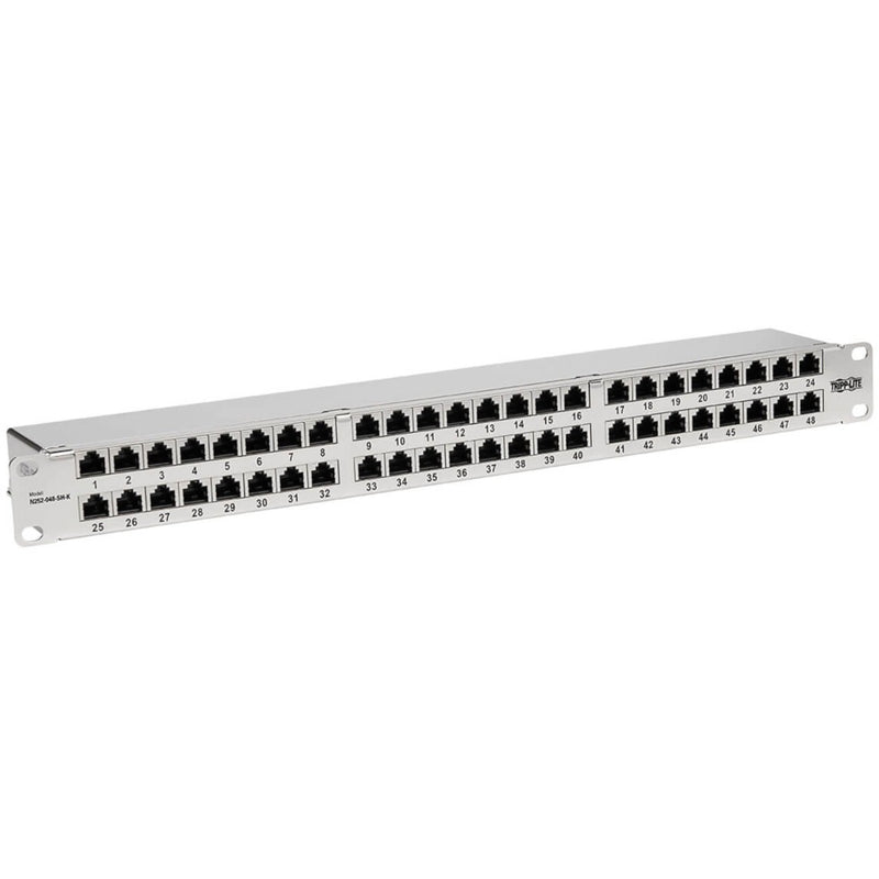 Front view of Tripp Lite N252-048-SH-K 48-port shielded Cat6 patch panel with numbered ports in 1U rack mount design