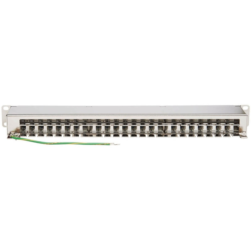 Side view of Tripp Lite patch panel showing shielded construction and grounding wire