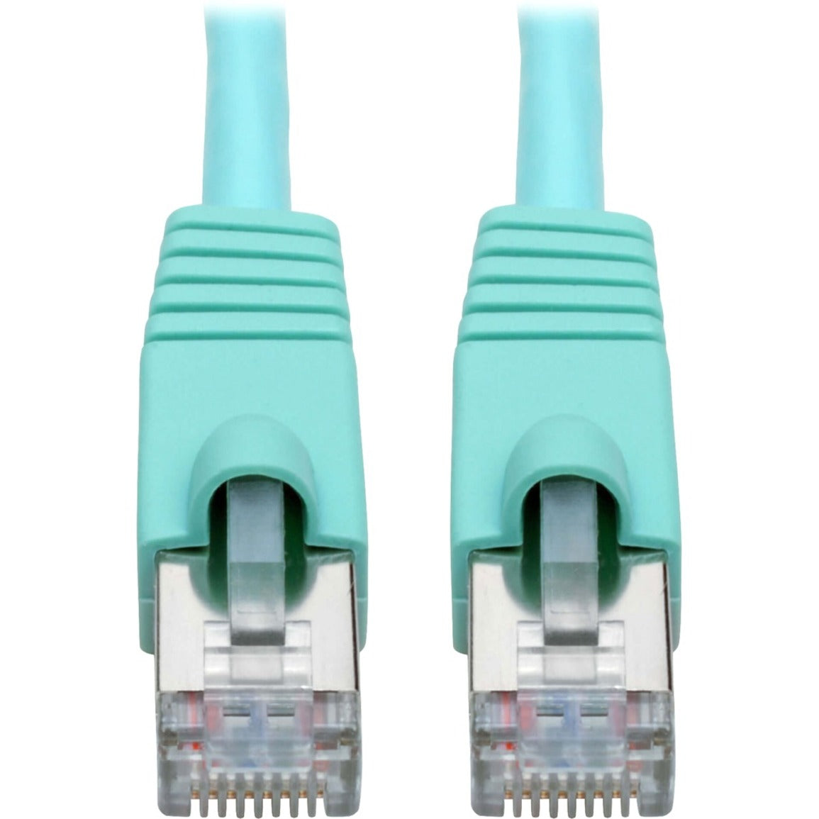 Close-up of shielded RJ45 connectors on aqua Cat6a network cable showing snagless boot design-alternate-image1