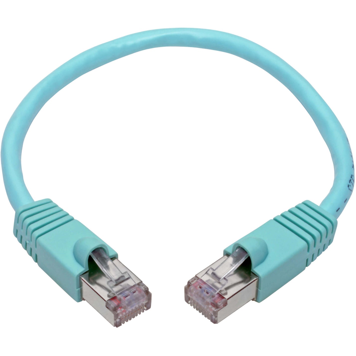 Full view of aqua Cat6a patch cable showing flexible cable design and shielded connectors-alternate-image2