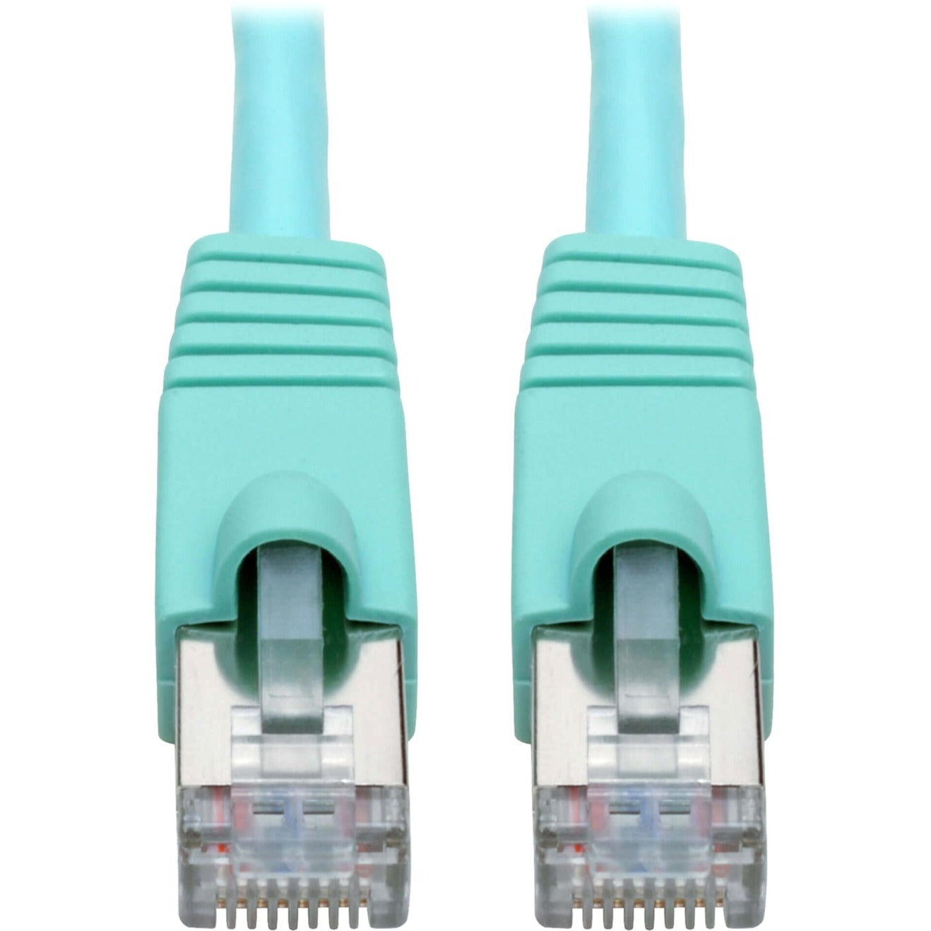 Close-up view of aqua-colored Cat6a cable ends showing snagless RJ45 connectors with strain relief-alternate-image1