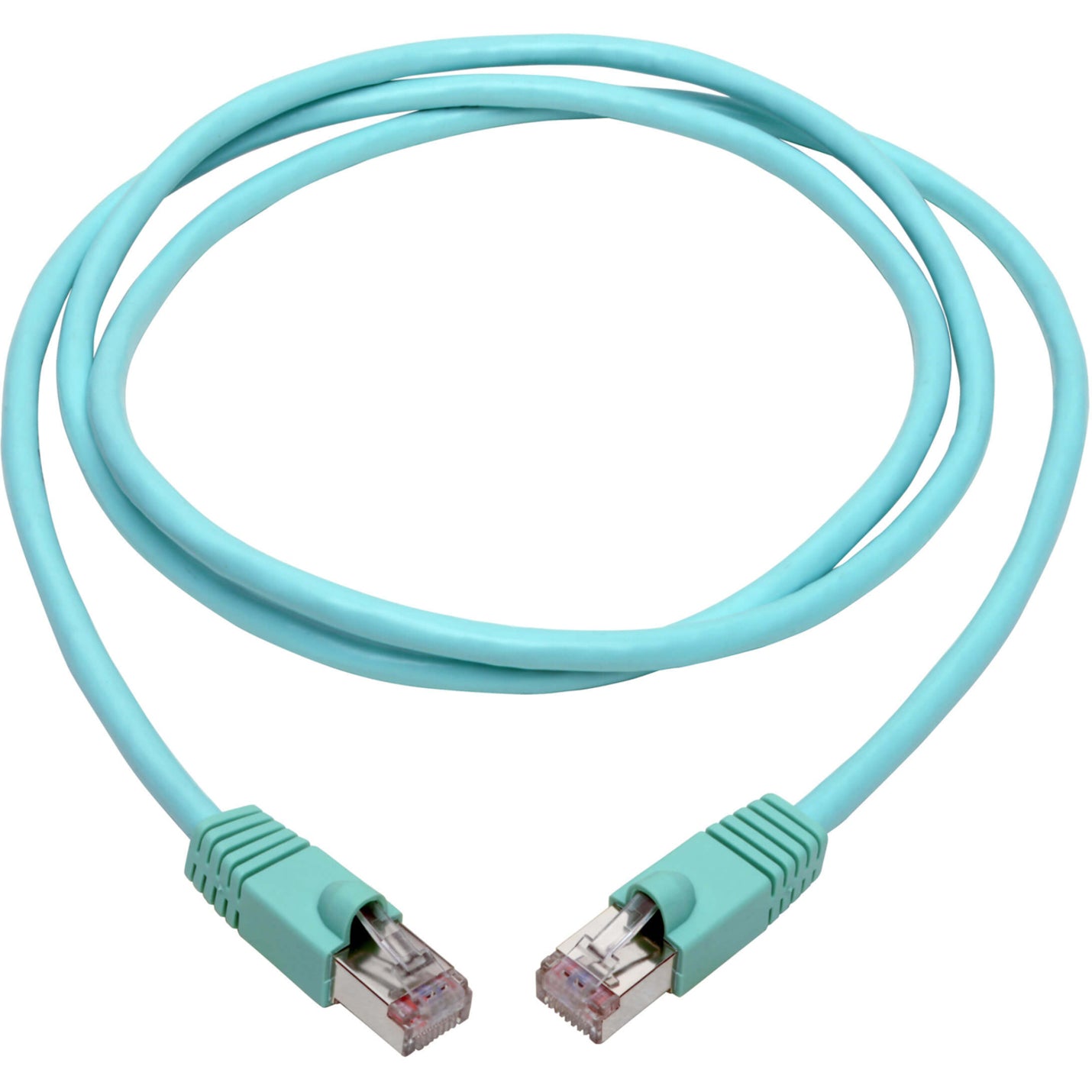 Full-length view of aqua Cat6a network cable showing flexible design and both connector ends-alternate-image2