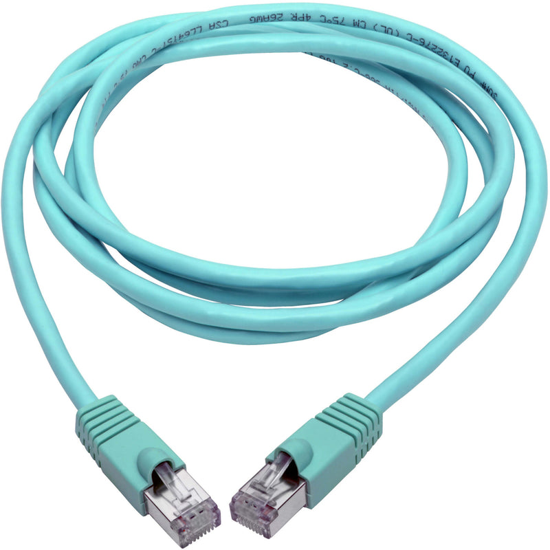 Full length view of aqua Cat6a ethernet cable showing flexible design and connectors