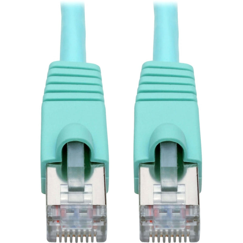 Close-up of aqua-colored snagless RJ45 connectors with strain relief boots on Cat6a cable