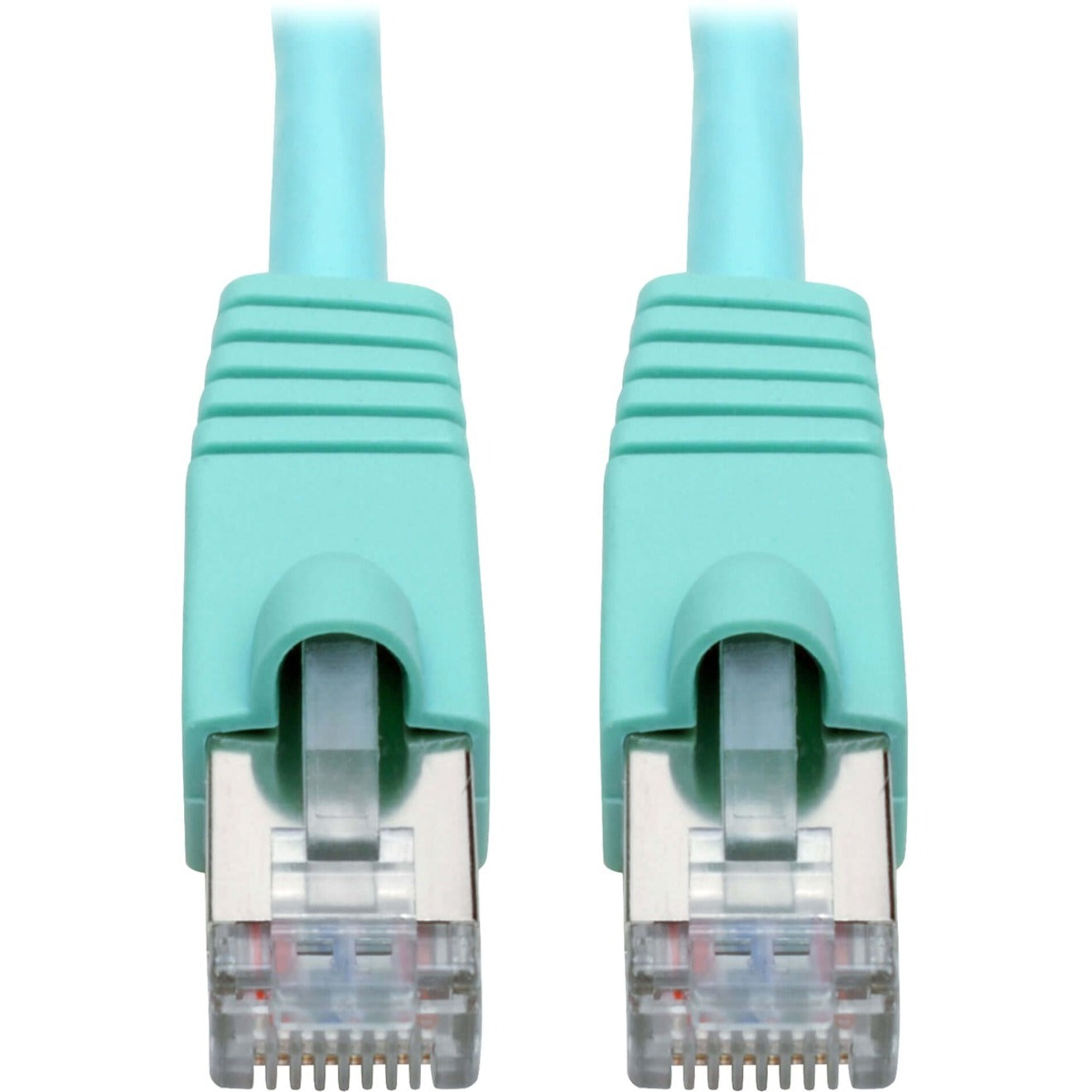 Close-up view of aqua-colored Cat6a cable RJ45 connectors with snagless boots and strain relief design-alternate-image1