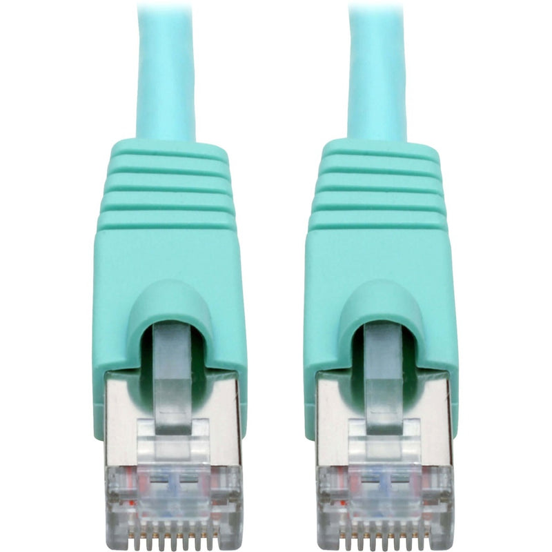 Close-up view of aqua-colored Cat6a cable RJ45 connectors with snagless boots and strain relief design