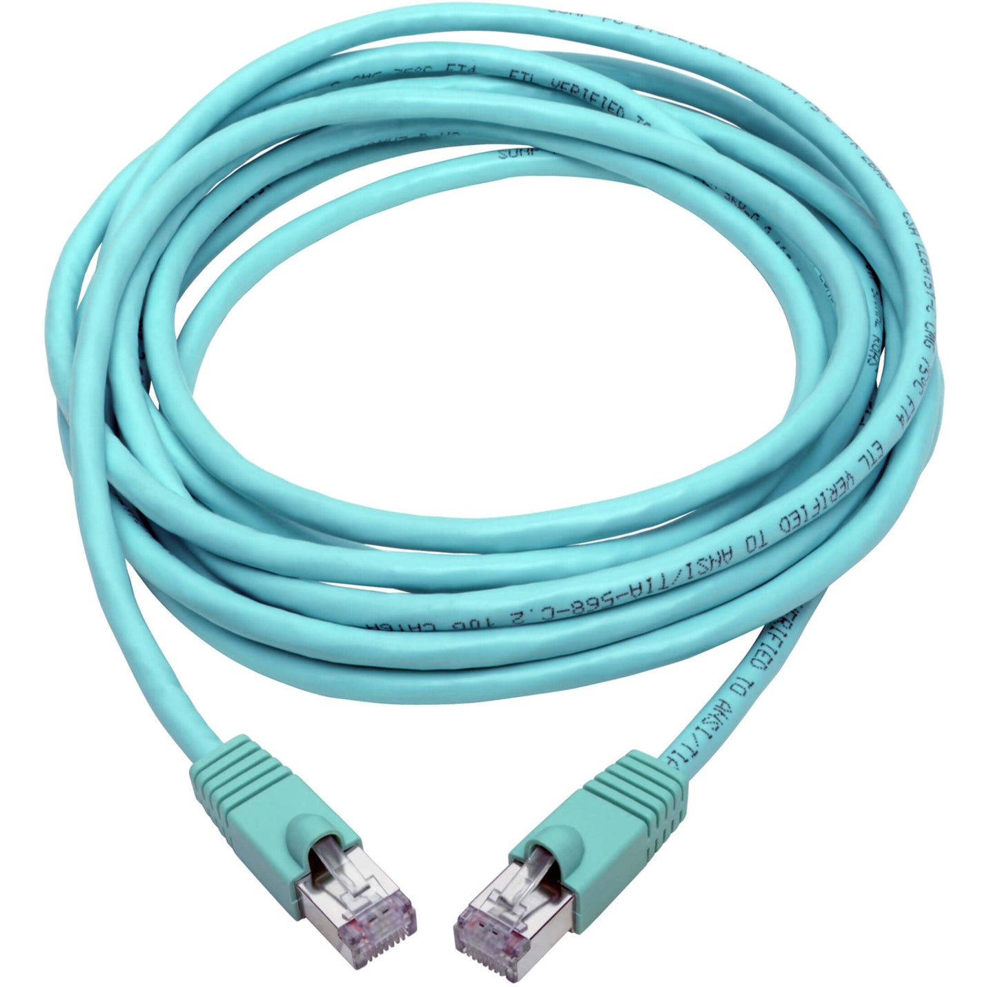 Full length view of 14-foot aqua Cat6a network cable showing cable flexibility and construction-alternate-image2