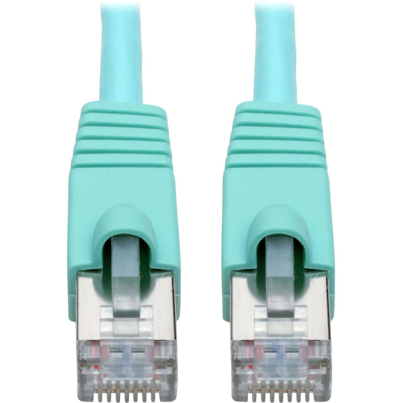 Close-up view of aqua-colored snagless RJ45 connectors with strain relief boots on Cat6a cable