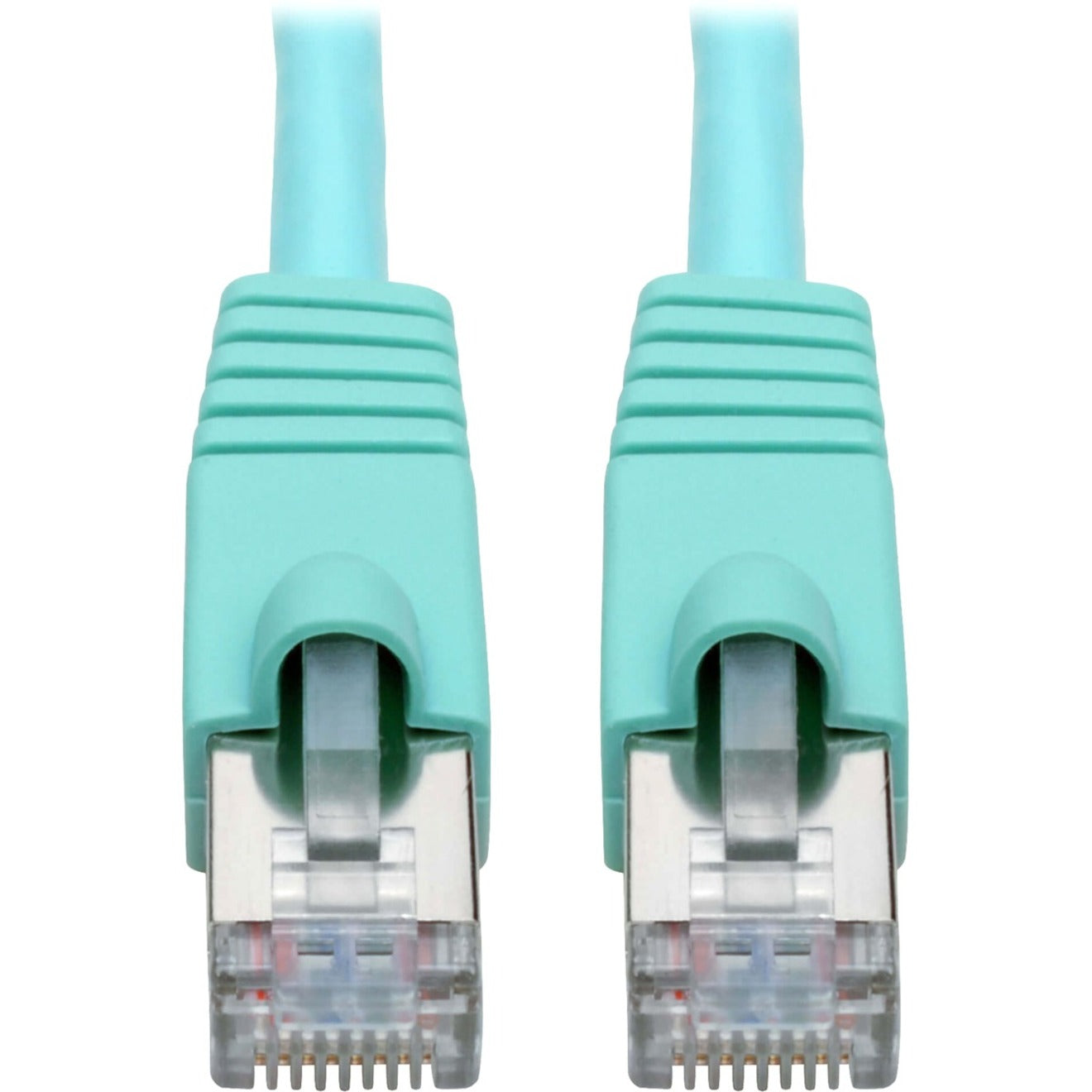 Close-up of aqua-colored snagless RJ45 connectors with strain relief on Cat6a cable-alternate-image1