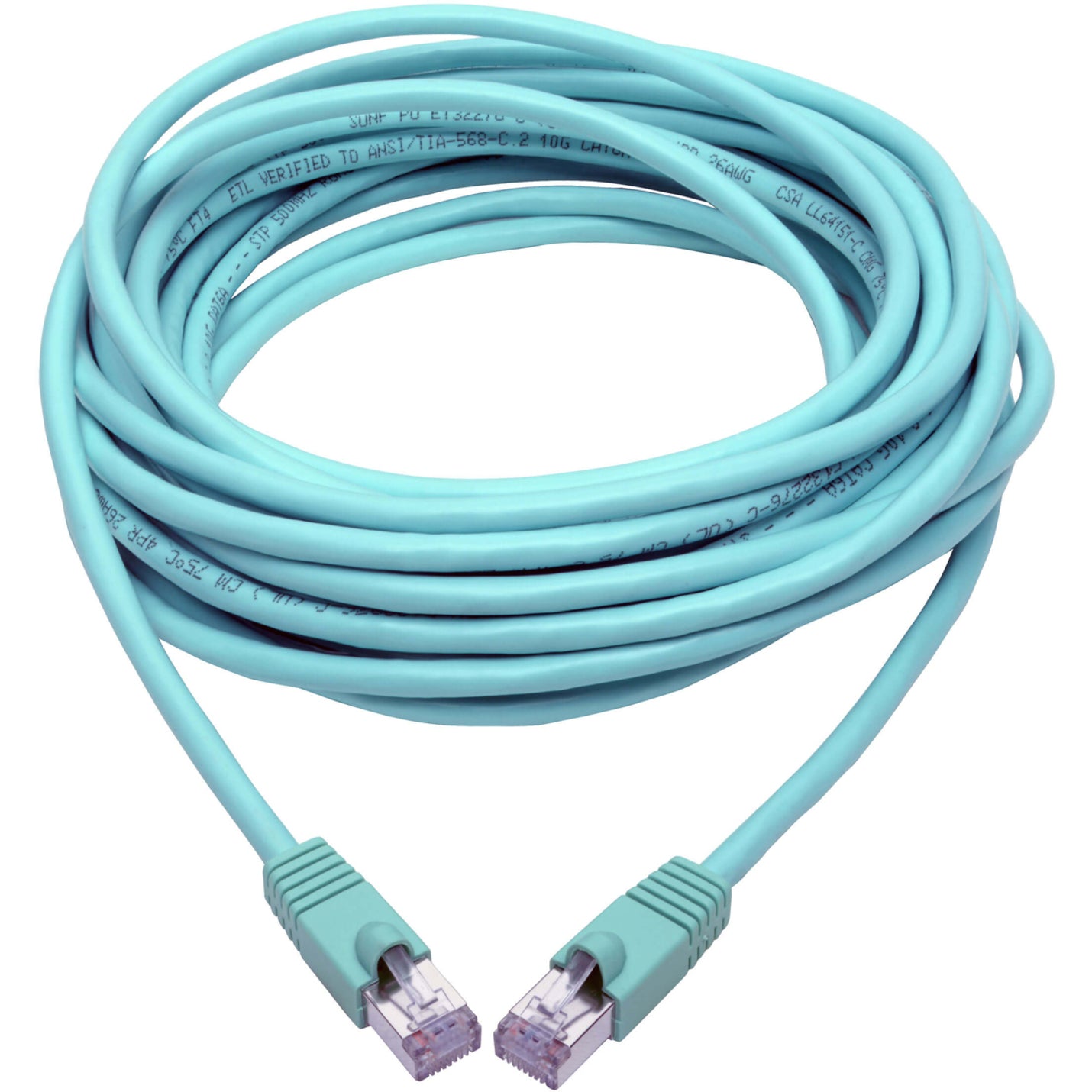 Full length view of 30-foot aqua Cat6a ethernet cable with RJ45 connectors-alternate-image2