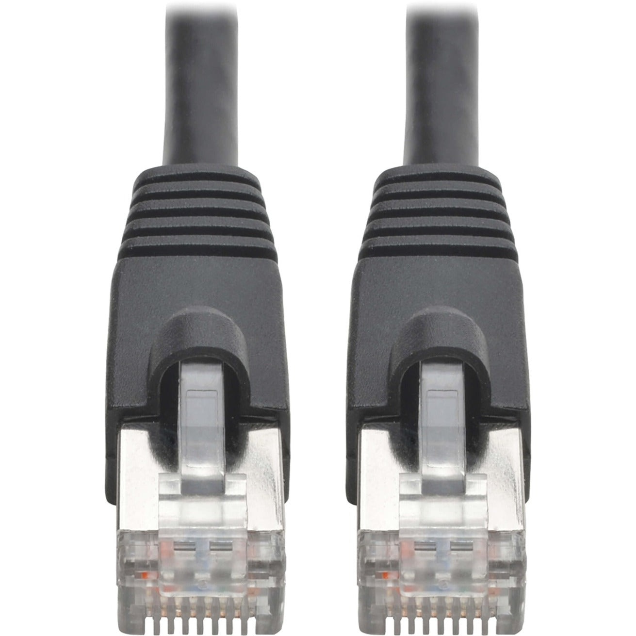 Close-up view of shielded RJ45 connectors with snagless boots on Cat6a network cable-alternate-image1