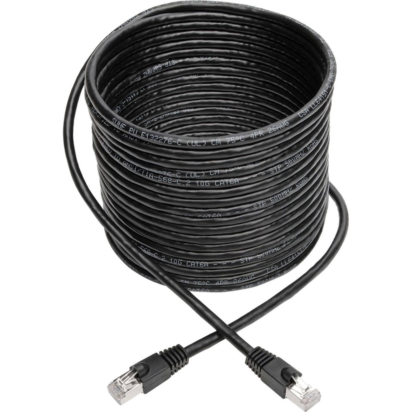 Full length view of coiled black Cat6a network cable with RJ45 connectors-alternate-image2