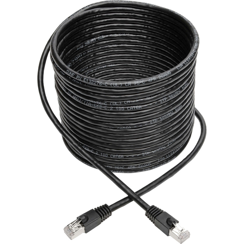 Full length view of coiled black Cat6a network cable with RJ45 connectors