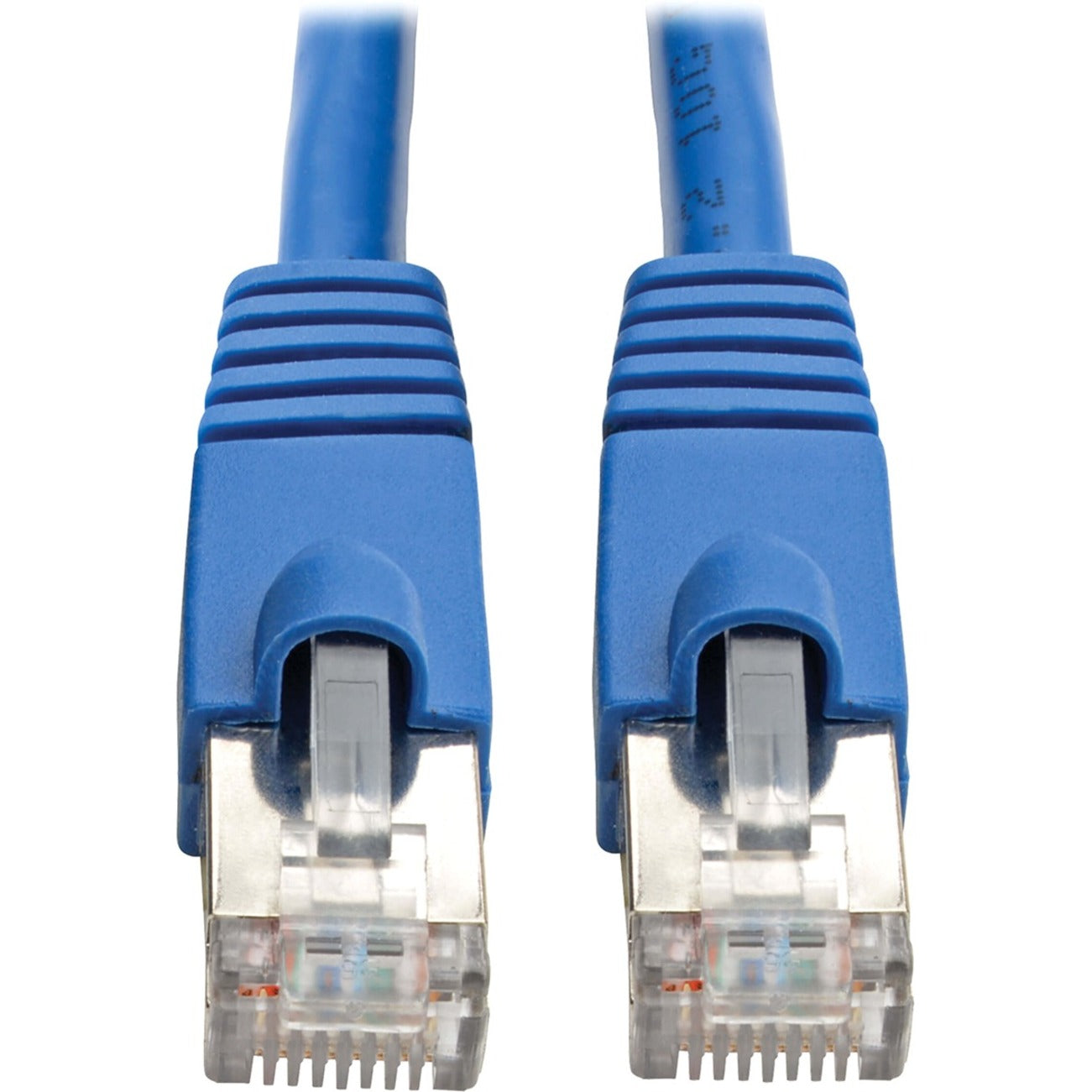 Close-up of blue Cat6a cable showing snagless RJ45 connectors with strain relief boots-alternate-image1