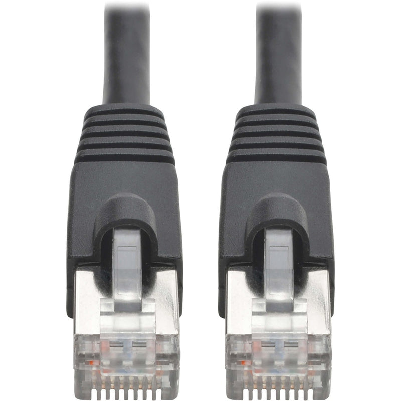 Close-up view of snagless RJ45 connectors on Cat6a network cable showing strain relief and shielding design