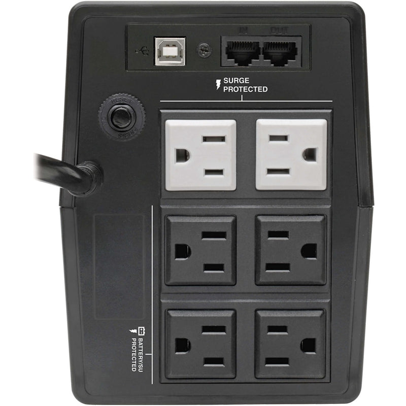 Rear view of OMNI700LCDT showing six power outlets, USB port, and network protection ports