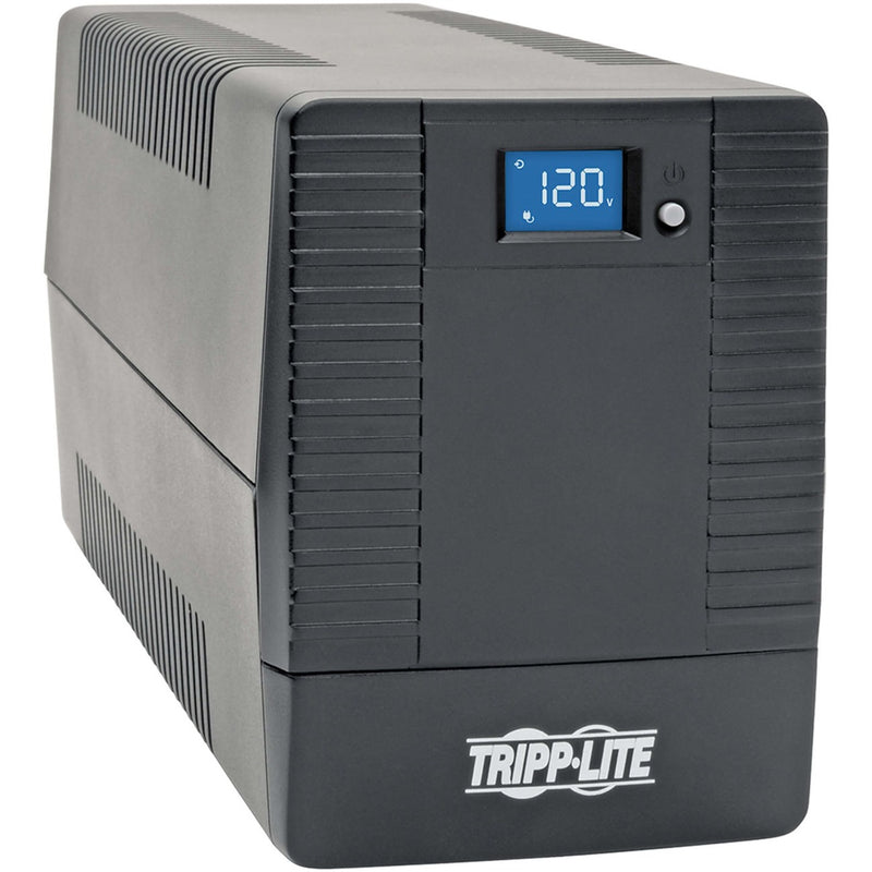 Front angled view of Tripp Lite OMNI700LCDT UPS showing LCD display with 120V reading