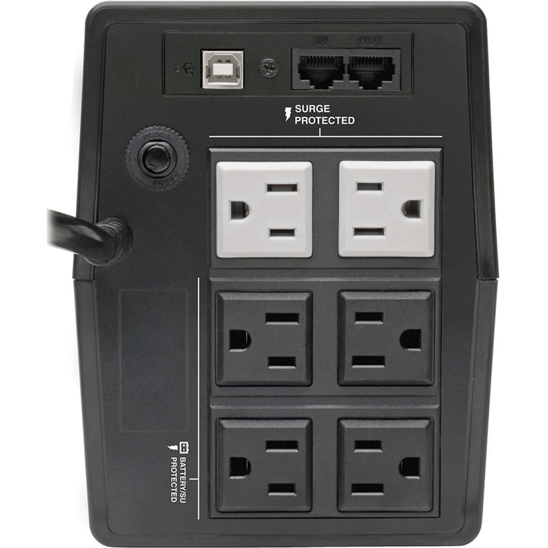 Rear panel of Tripp Lite UPS showing six outlets, USB port, and network protection ports