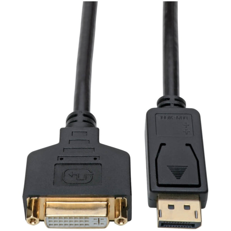 Close-up view of DisplayPort to DVI adapter showing gold-plated connectors and black housing