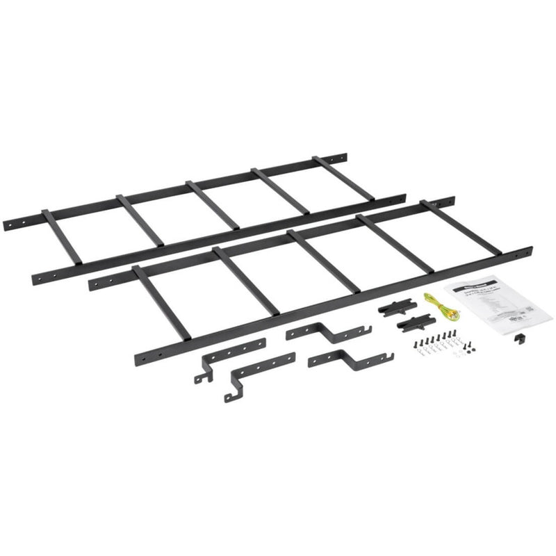 Disassembled cable ladder components with mounting hardware and installation accessories