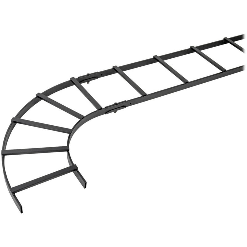 Side view of black cable ladder runway E-bend showing extended curve and support structure