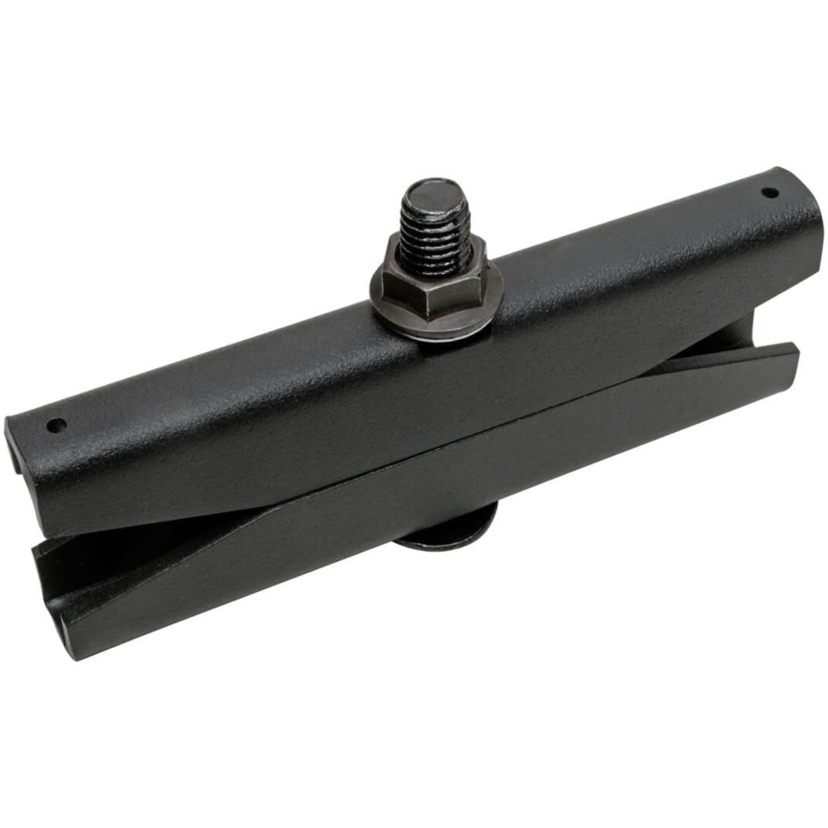 Close-up view of black powder-coated steel splice plate with central mounting bolt and precision-engineered design-alternate-image1