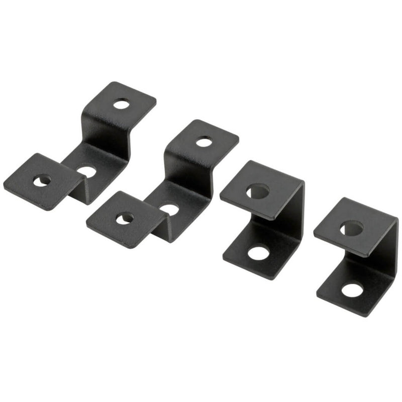 Black L-shaped mounting brackets with multiple mounting holes displayed in horizontal arrangement