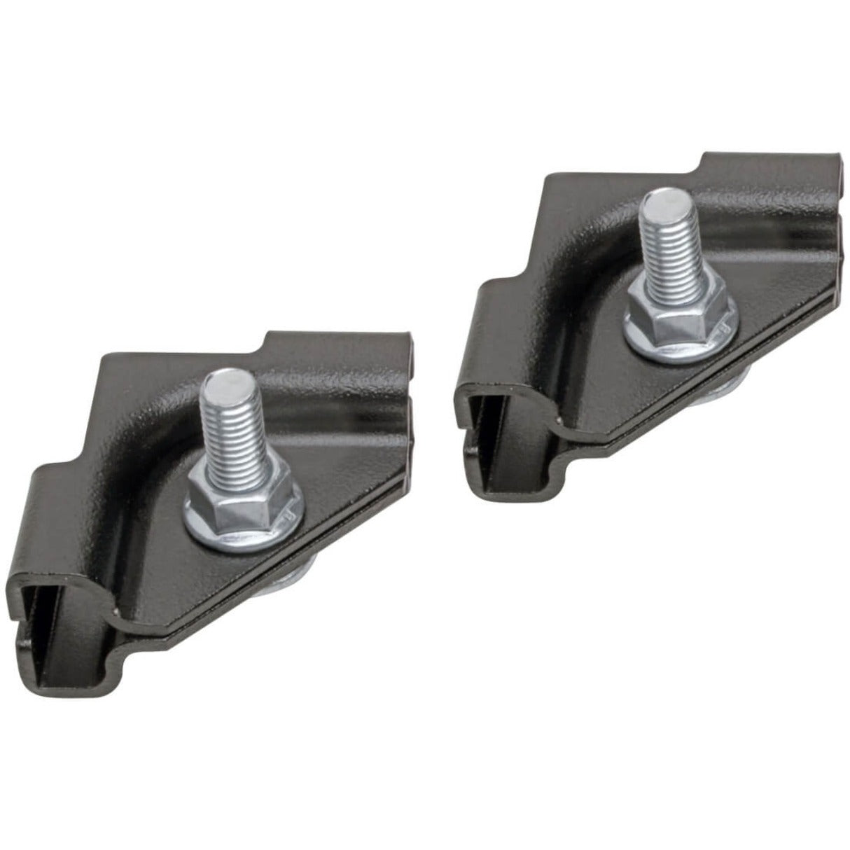 Close-up view of two black corner clamp plates with M10 mounting bolts for cable ladder junction connections-alternate-image1