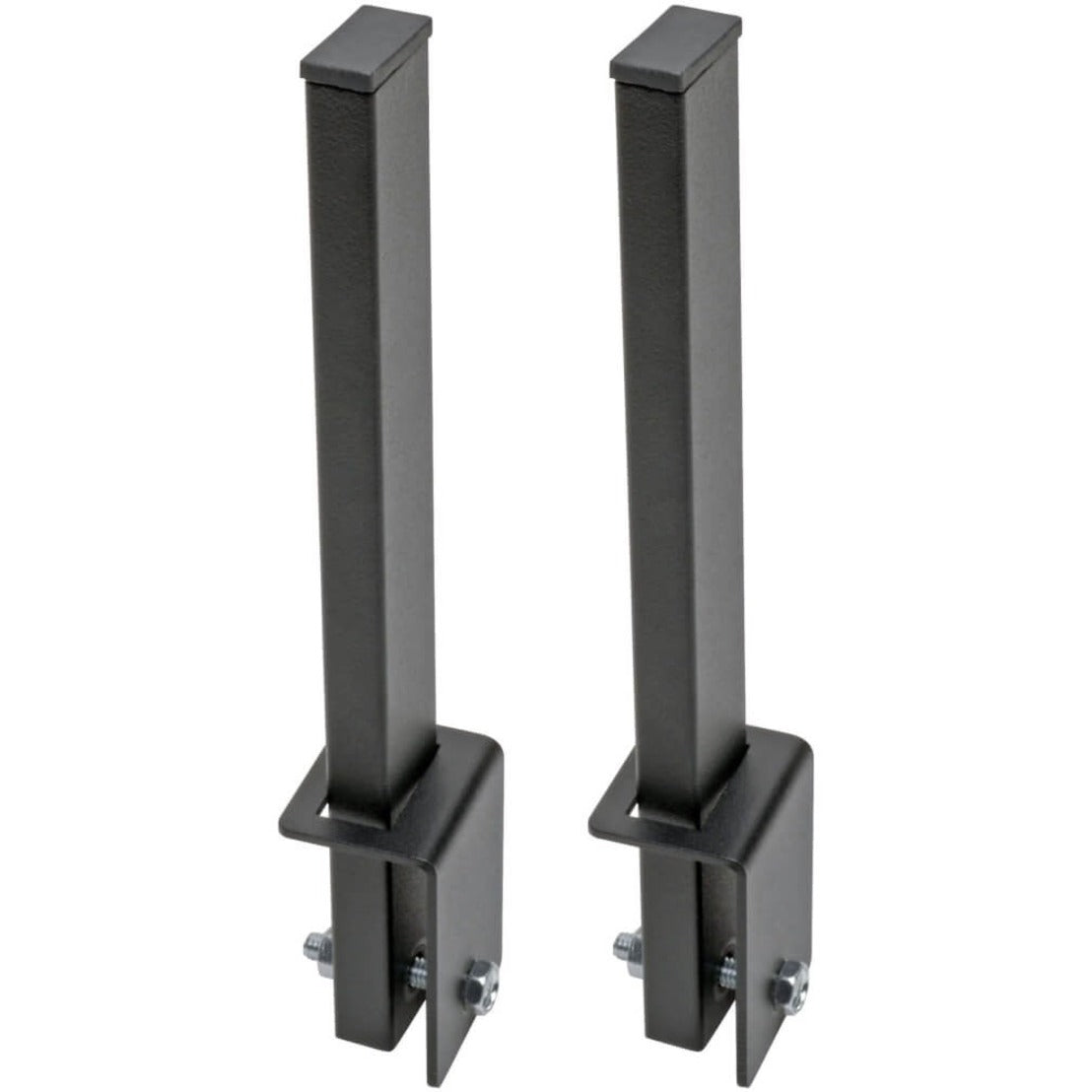 Two black steel cable retaining posts with mounting brackets and hardware shown from side angle-alternate-image1