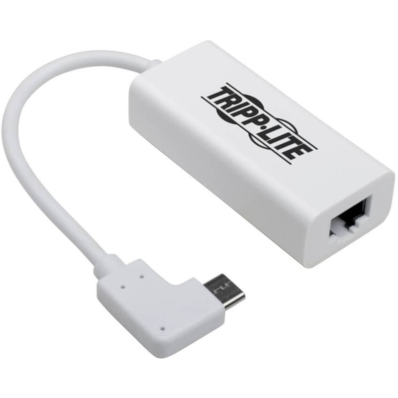 Front view of white Tripp Lite USB-C to Ethernet adapter with RJ45 port