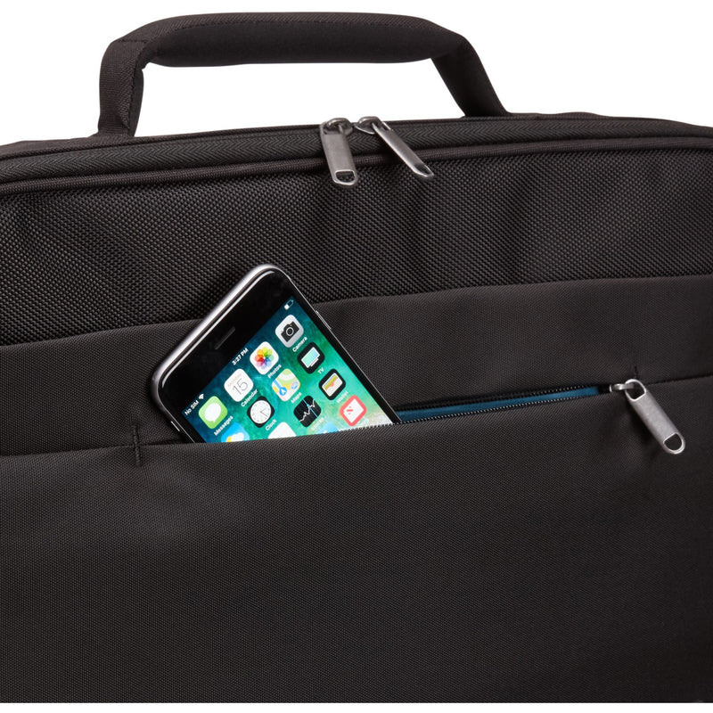 Detail of briefcase exterior pocket with smartphone visible