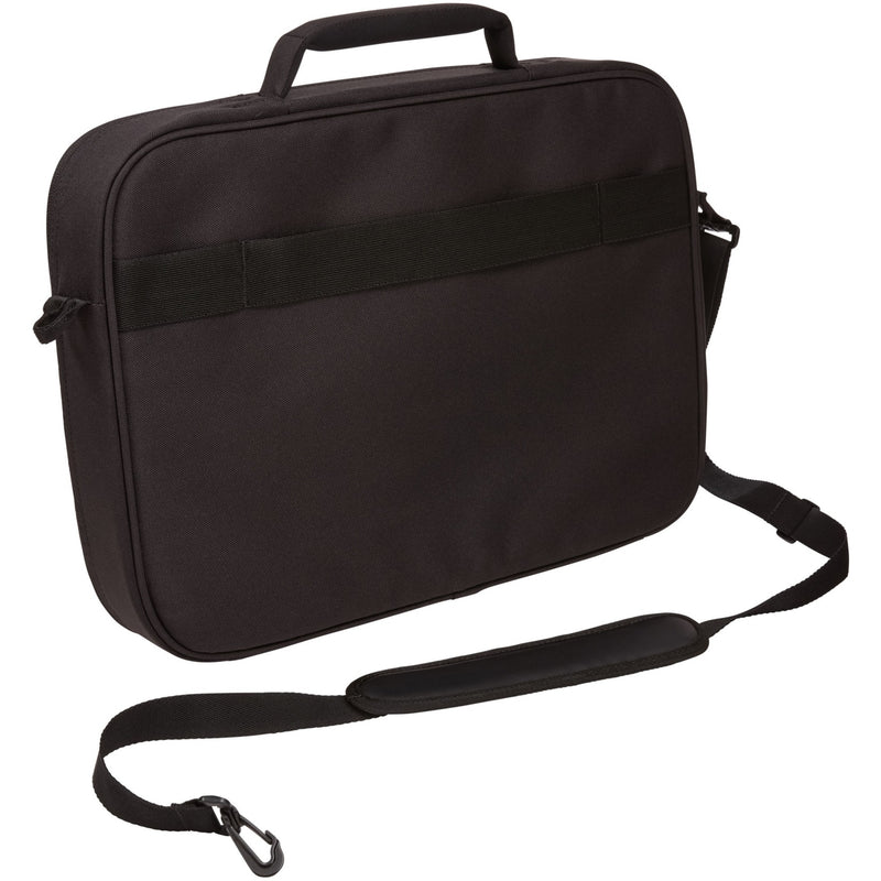 Side view of briefcase showing shoulder strap and handle configuration