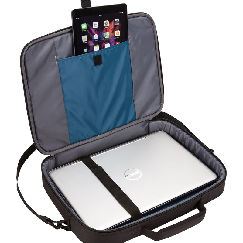 Interior view of briefcase showing laptop and tablet compartments with devices