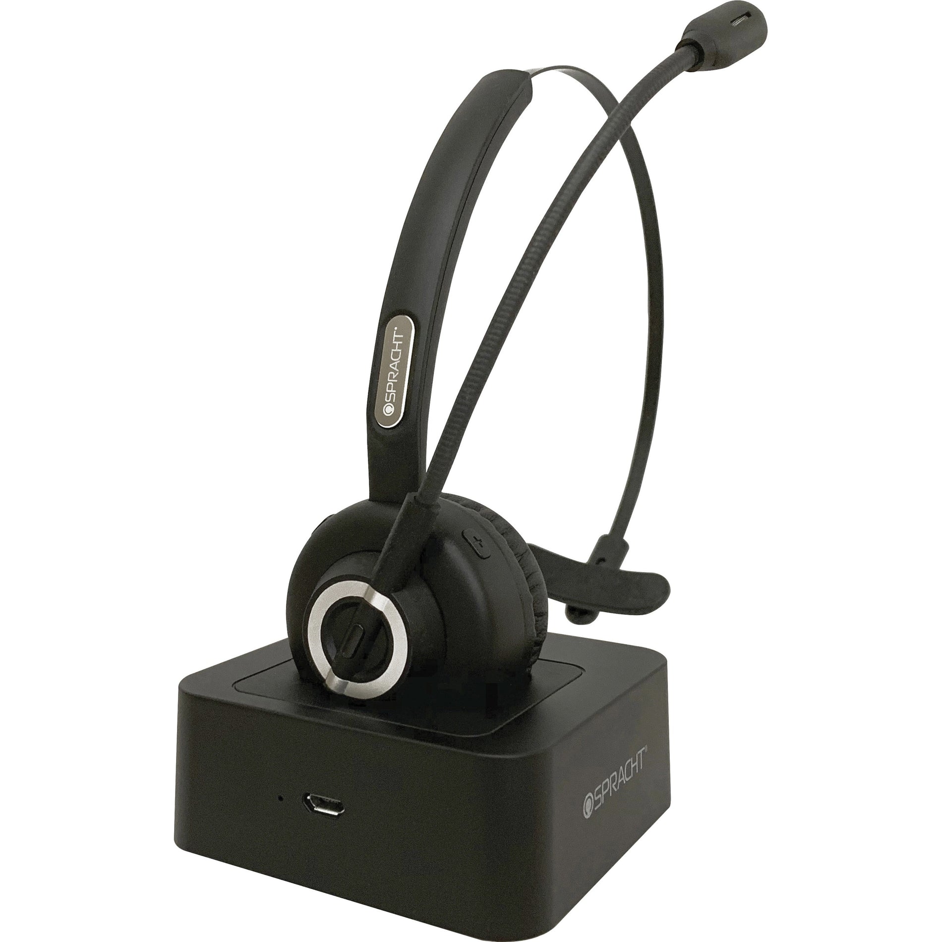 Spracht ZUMBT Bluetooth office headset with noise-canceling microphone shown on charging base-alternate-image1