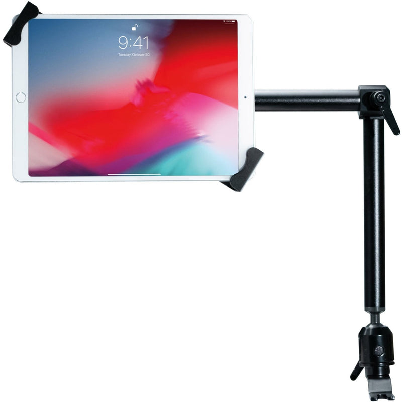 Side view of tablet mount showing secure grip mechanism and articulating arm