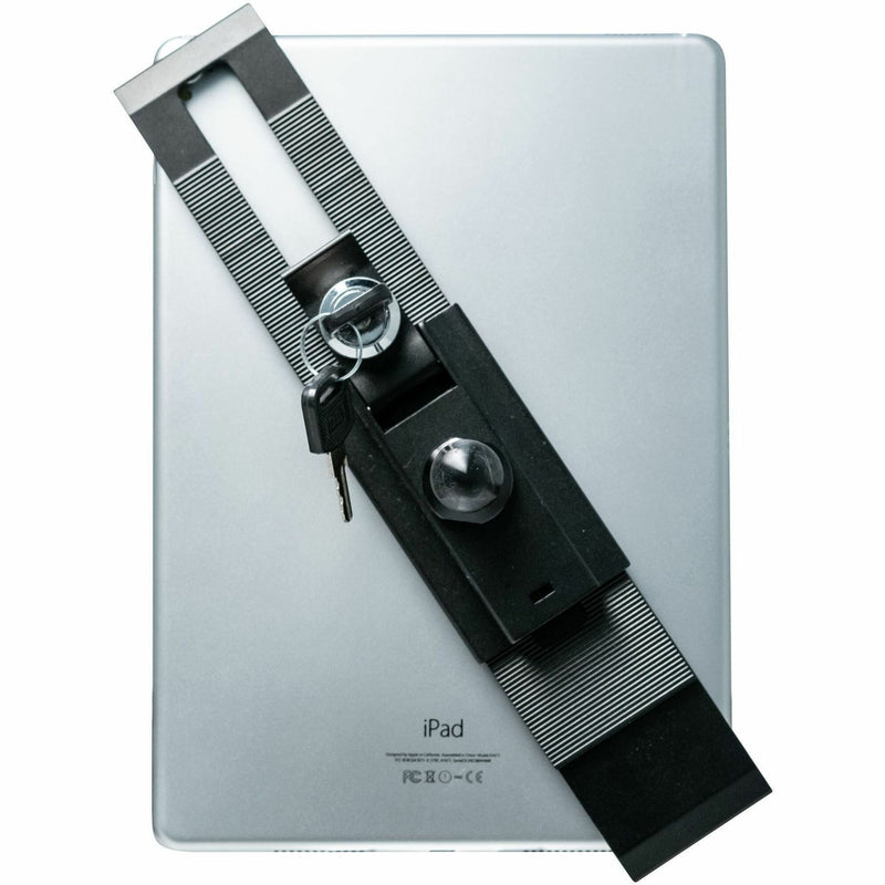 Close-up of tablet mount security lock and key system