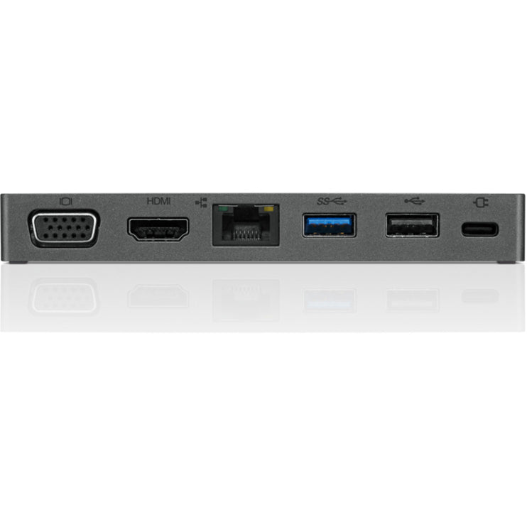 Front view of Lenovo Travel Hub showing all available ports including VGA, HDMI, Ethernet, and USB connections