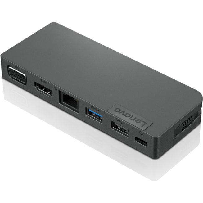 Angled view of Lenovo Travel Hub highlighting port arrangement and compact design