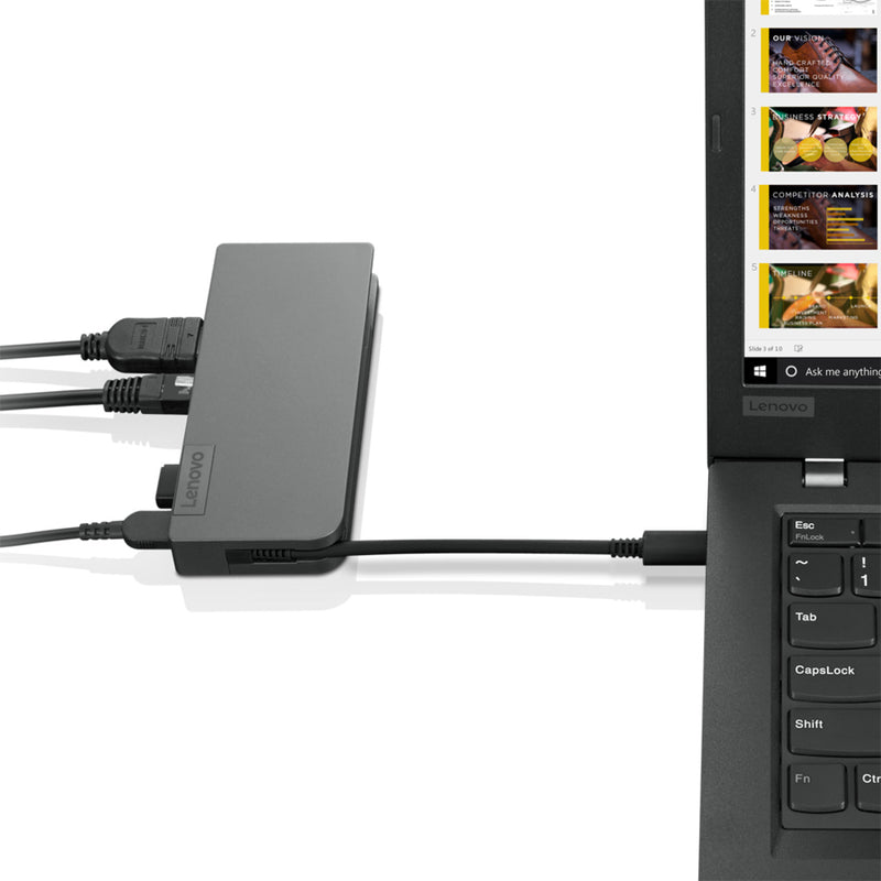 Lenovo Travel Hub connected to laptop showing real-world usage scenario with multiple connections